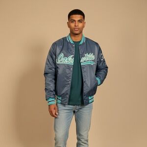Vtg Oakville Navy Teal Satin Bomber Jacket XL Made in Canada Varsity GJR Darby